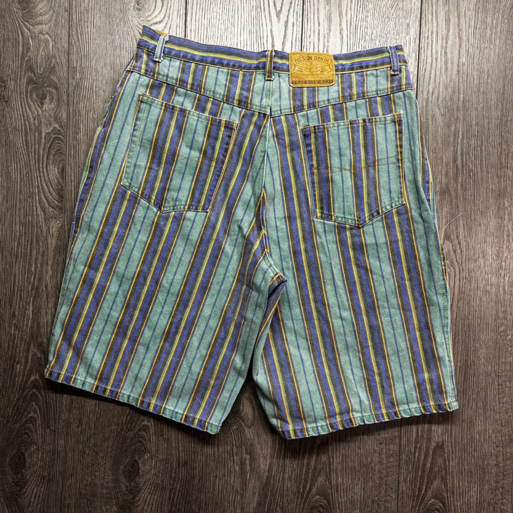 Vintage Fission Denim Striped Shorts Mens 36 Green Blue Yellow 90s Retro Cotton